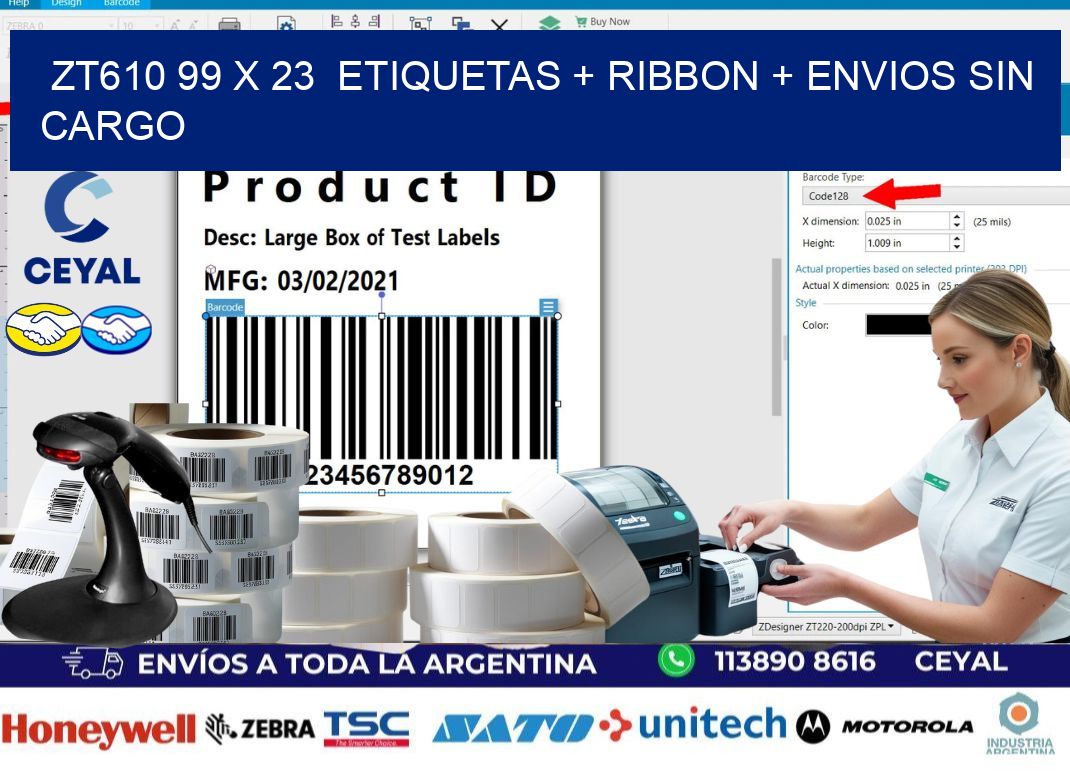 ZT610 99 x 23 etiquetas + ribbon + envios sin cargo