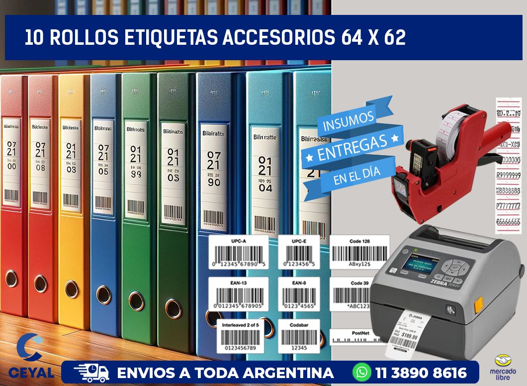 10 ROLLOS ETIQUETAS ACCESORIOS 64 x 62