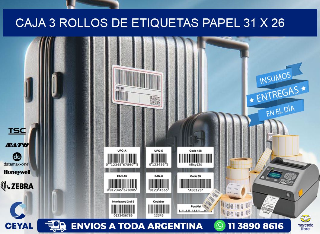 CAJA 3 ROLLOS DE ETIQUETAS PAPEL 31 x 26