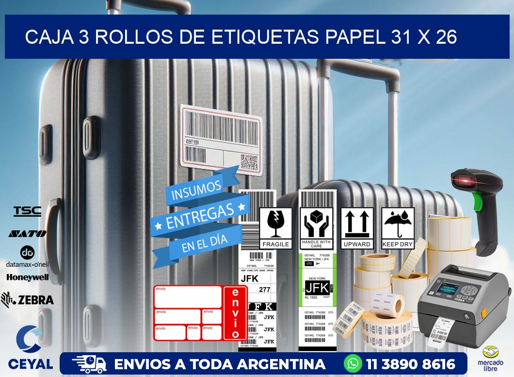 CAJA 3 ROLLOS DE ETIQUETAS PAPEL 31 x 26