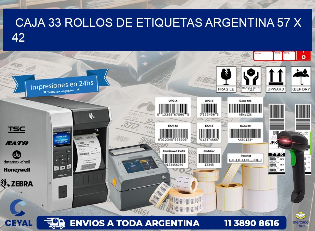 CAJA 33 ROLLOS DE ETIQUETAS ARGENTINA 57 x 42