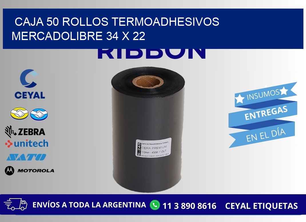 CAJA 50 ROLLOS TERMOADHESIVOS MERCADOLIBRE 34 x 22