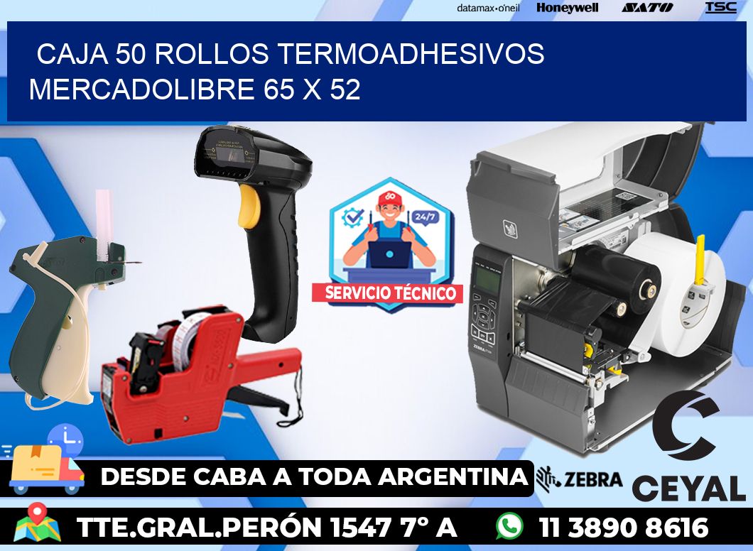 CAJA 50 ROLLOS TERMOADHESIVOS MERCADOLIBRE 65 x 52