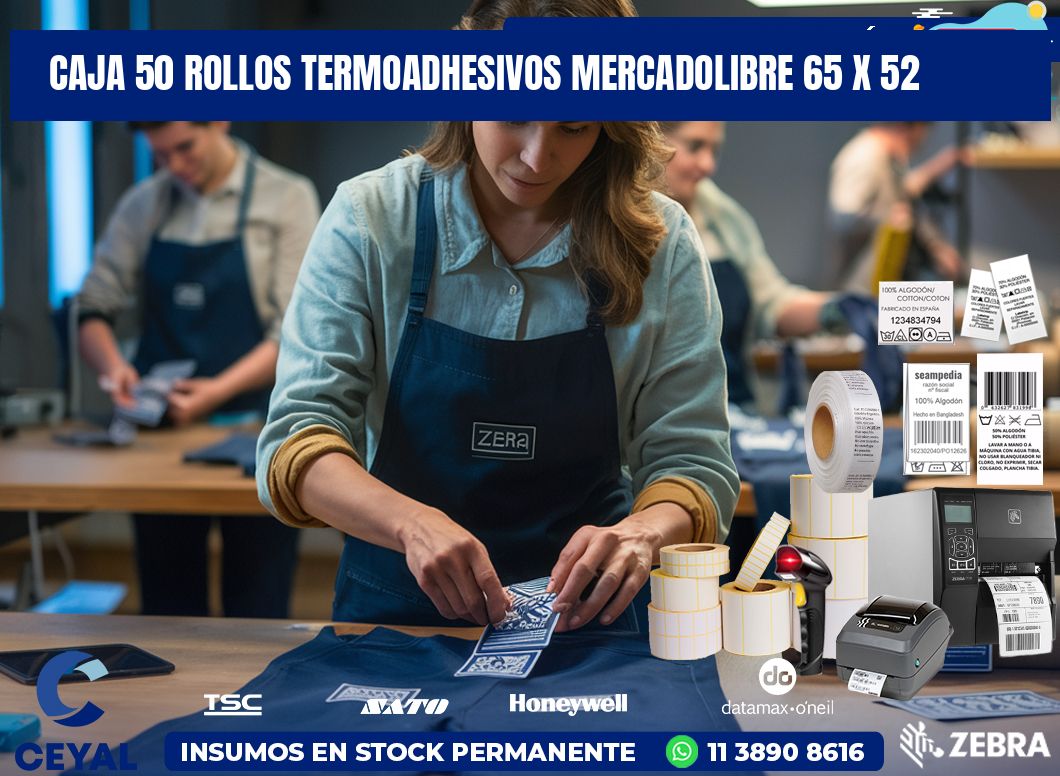 CAJA 50 ROLLOS TERMOADHESIVOS MERCADOLIBRE 65 x 52