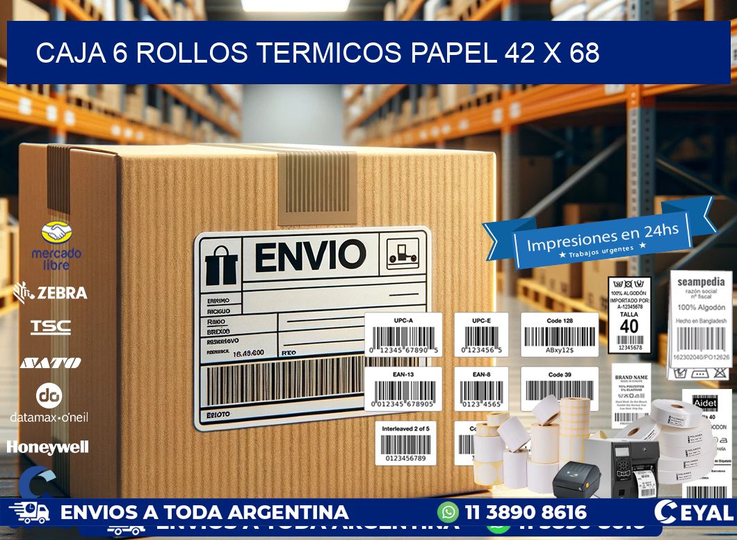 CAJA 6 ROLLOS TERMICOS PAPEL 42 x 68