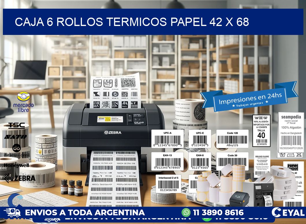 CAJA 6 ROLLOS TERMICOS PAPEL 42 x 68