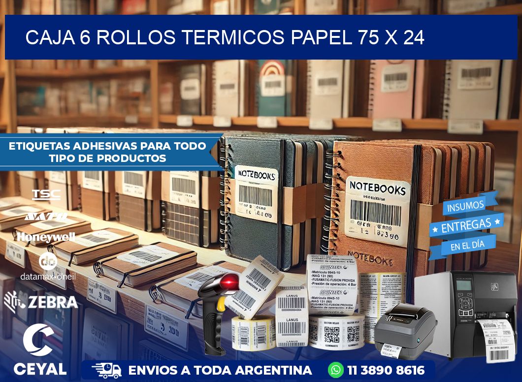 CAJA 6 ROLLOS TERMICOS PAPEL 75 x 24