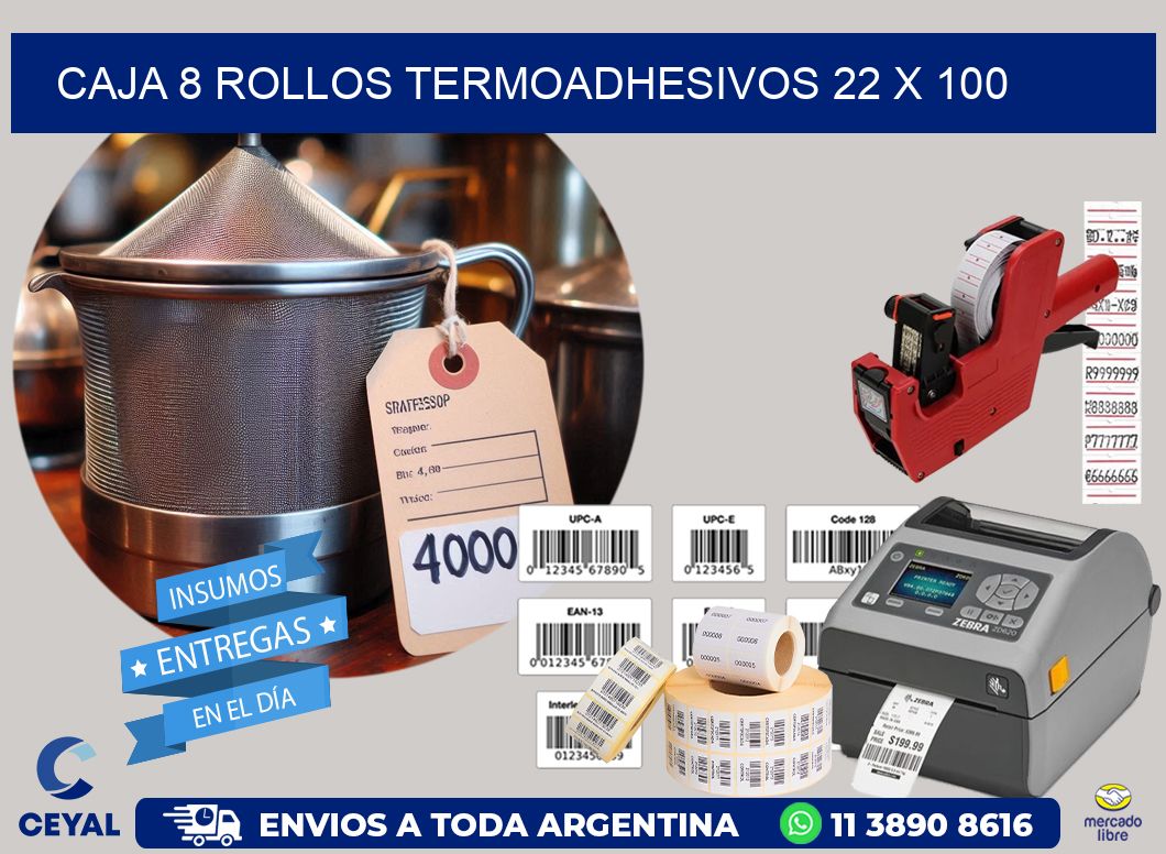 CAJA 8 ROLLOS TERMOADHESIVOS 22 x 100