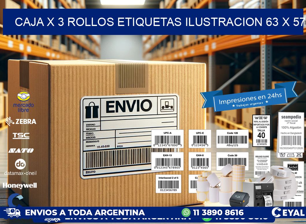 Caja X 3 Rollos Etiquetas Ilustracion 63 x 57