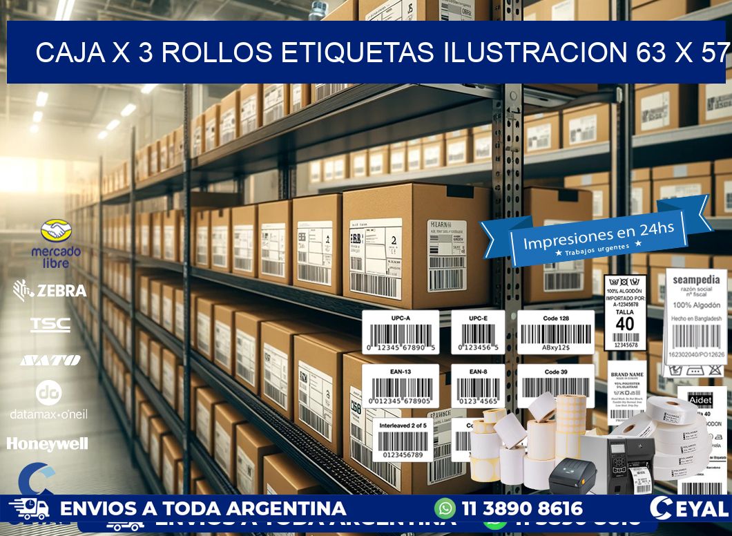 Caja X 3 Rollos Etiquetas Ilustracion 63 x 57