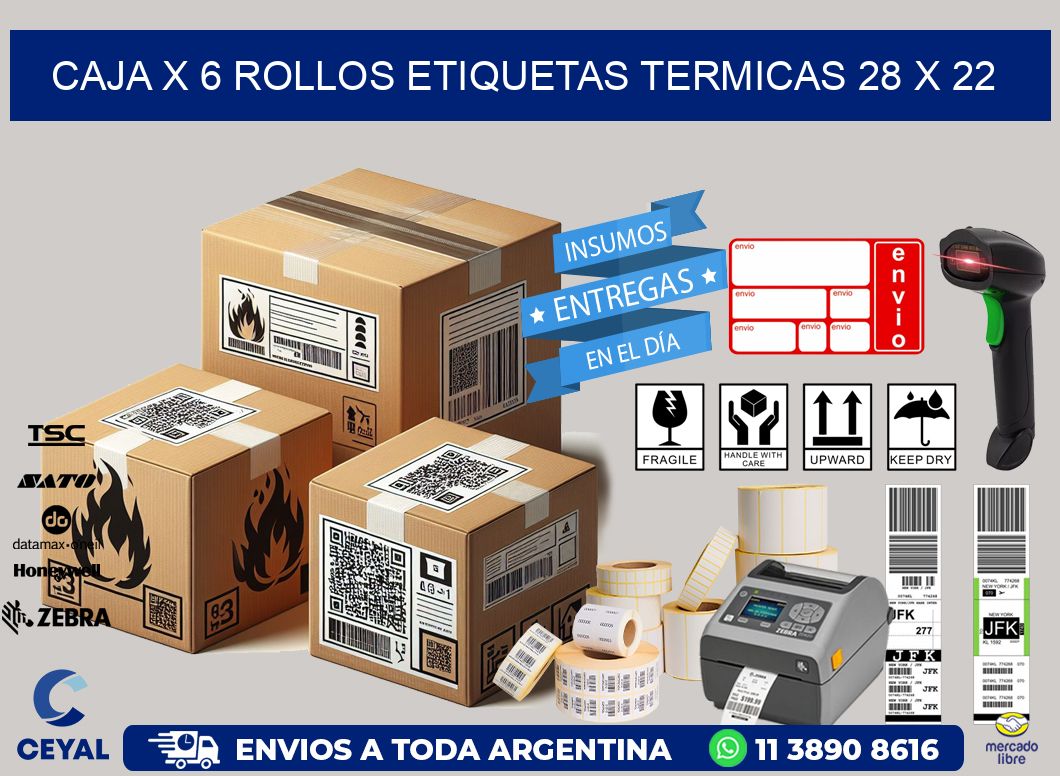 Caja X 6 Rollos Etiquetas termicas 28 x 22