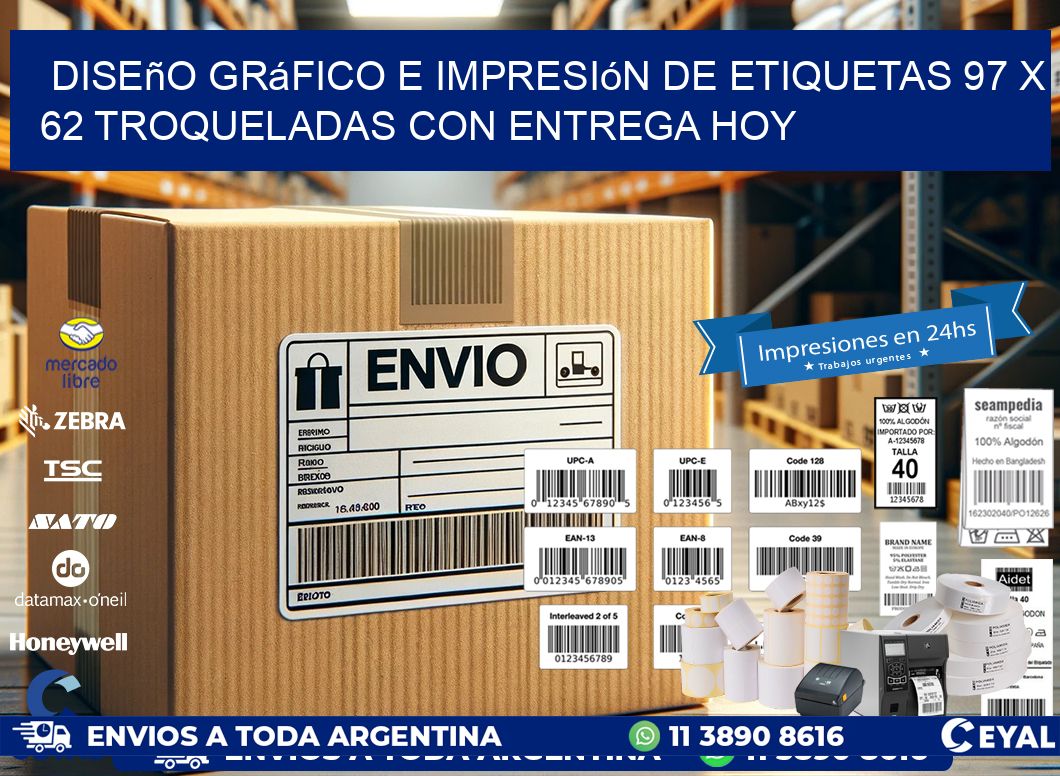 Diseño gráfico e impresión de etiquetas 97 x 62 troqueladas con entrega hoy