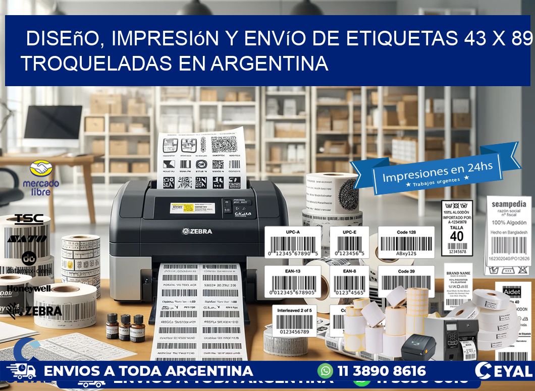 Diseño, impresión y envío de etiquetas 43 x 89 troqueladas en Argentina