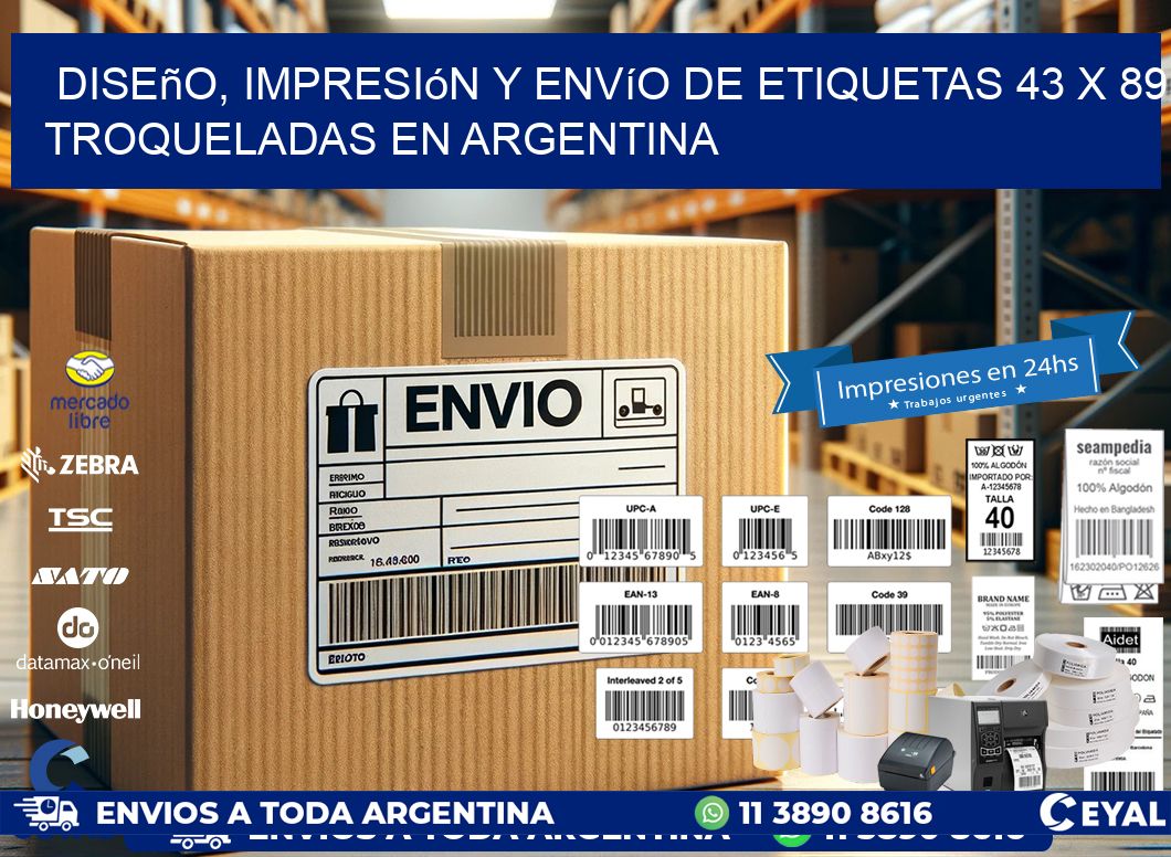Diseño, impresión y envío de etiquetas 43 x 89 troqueladas en Argentina