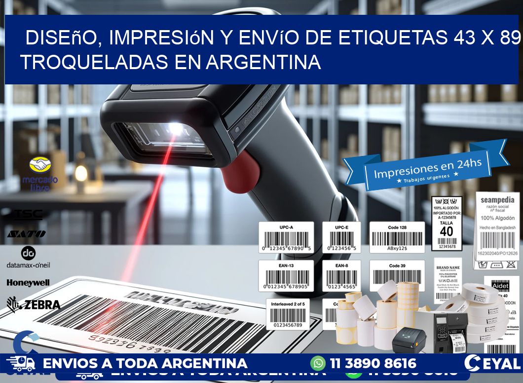 Diseño, impresión y envío de etiquetas 43 x 89 troqueladas en Argentina