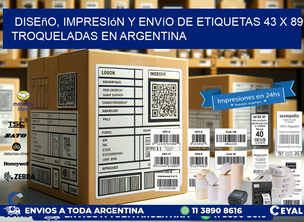 Diseño, impresión y envío de etiquetas 43 x 89 troqueladas en Argentina