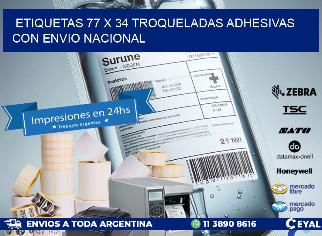 Etiquetas 77 x 34 troqueladas adhesivas con envío nacional