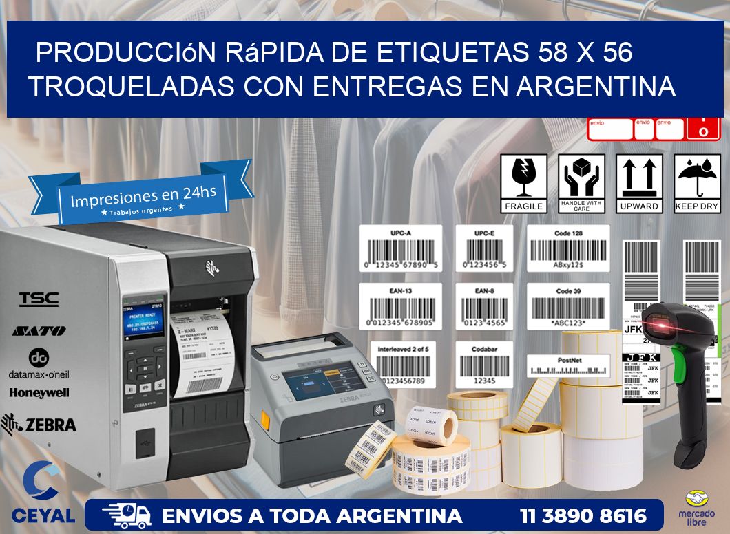 Producción rápida de etiquetas 58 x 56 troqueladas con entregas en Argentina