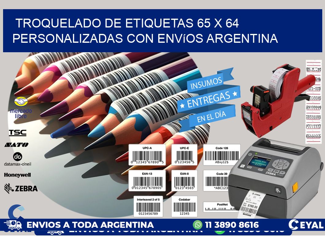 Troquelado de etiquetas 65 x 64 personalizadas con envíos Argentina
