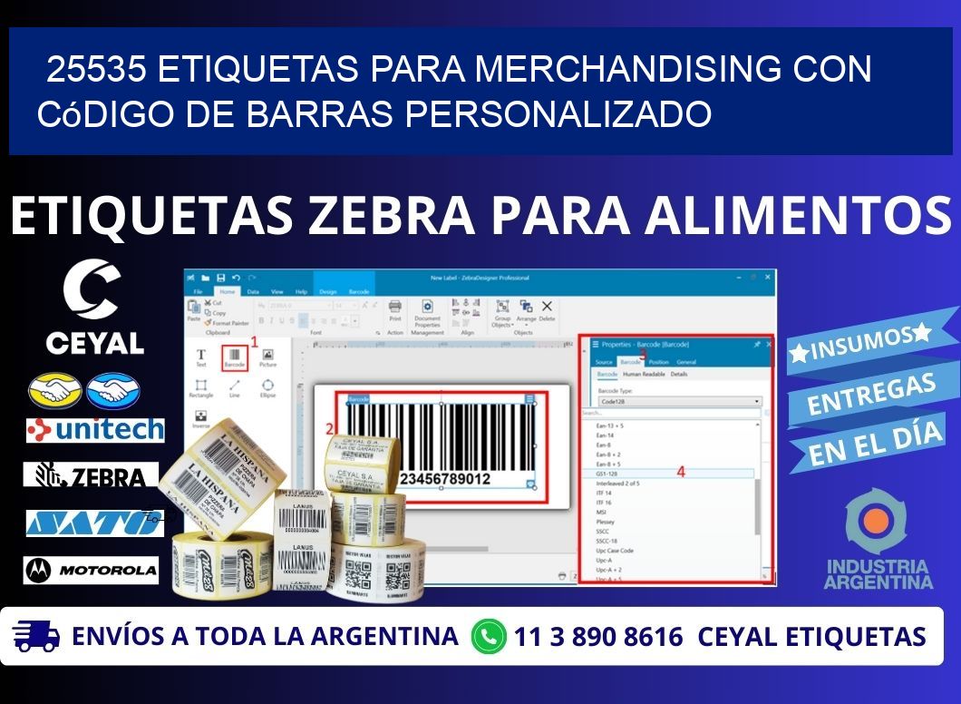 25535 etiquetas para merchandising con código de barras personalizado