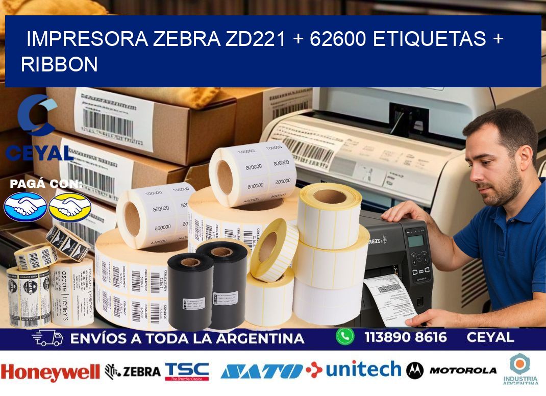 impresora zebra zd221 + 62600 etiquetas + ribbon