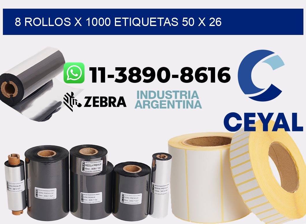 8 rollos x 1000 etiquetas 50 x 26