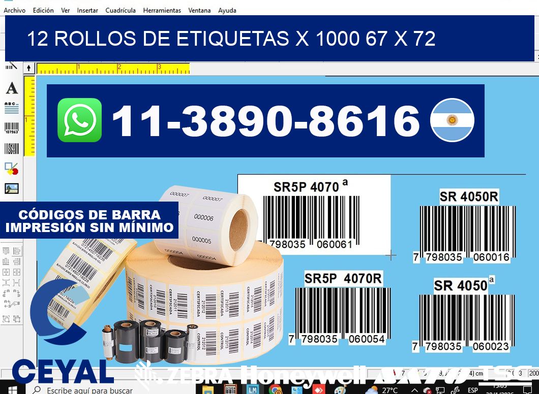 12 rollos de etiquetas x 1000 67 x 72