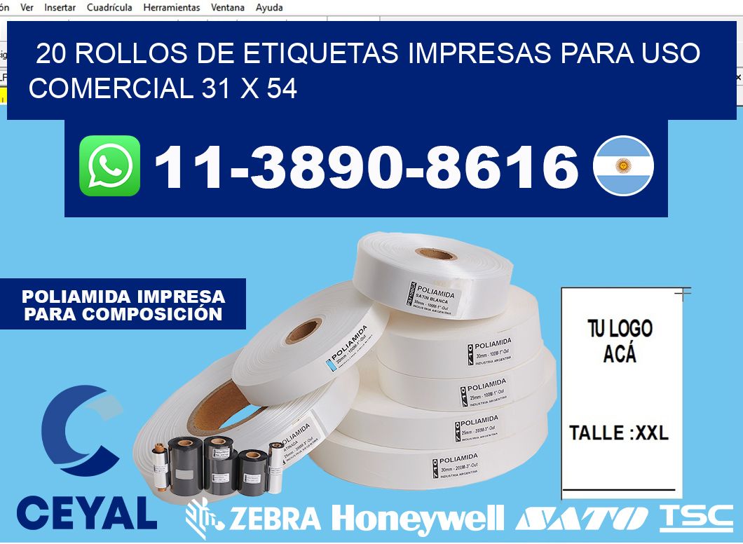 20 rollos de etiquetas impresas para uso comercial 31 x 54