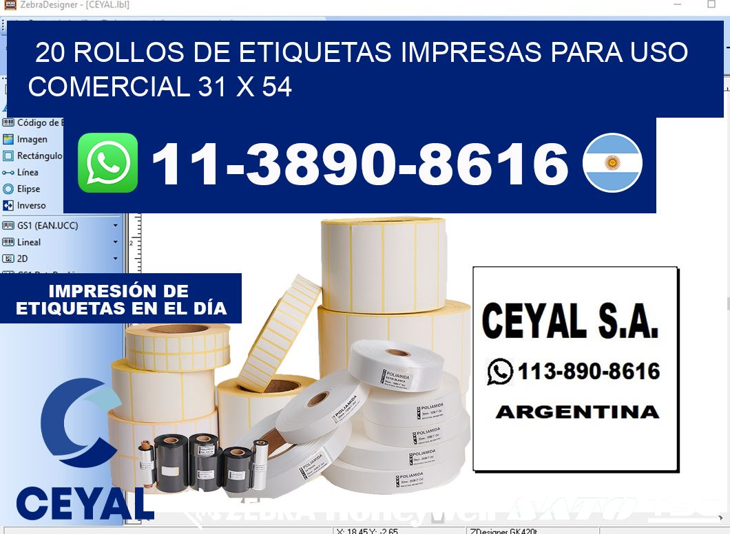 20 rollos de etiquetas impresas para uso comercial 31 x 54