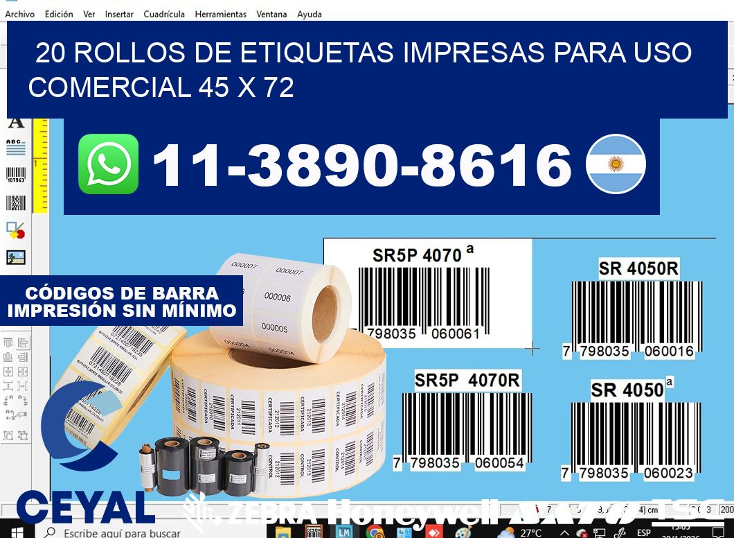 20 rollos de etiquetas impresas para uso comercial 45 x 72