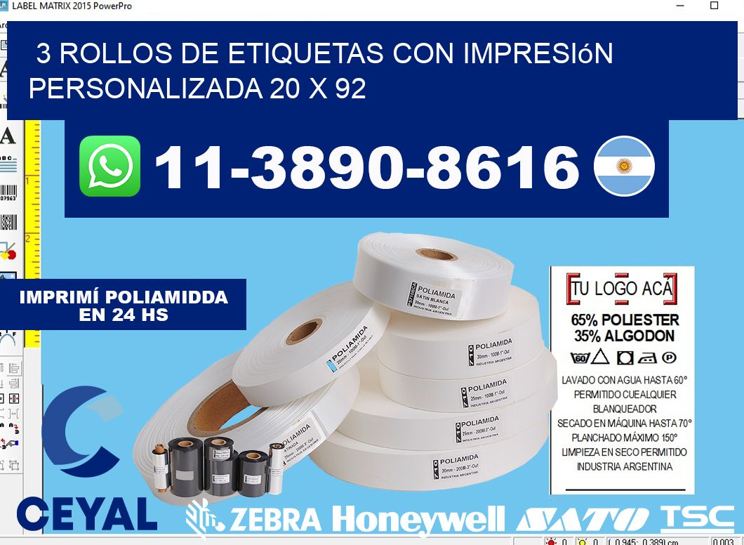 3 rollos de etiquetas con impresión personalizada 20 x 92
