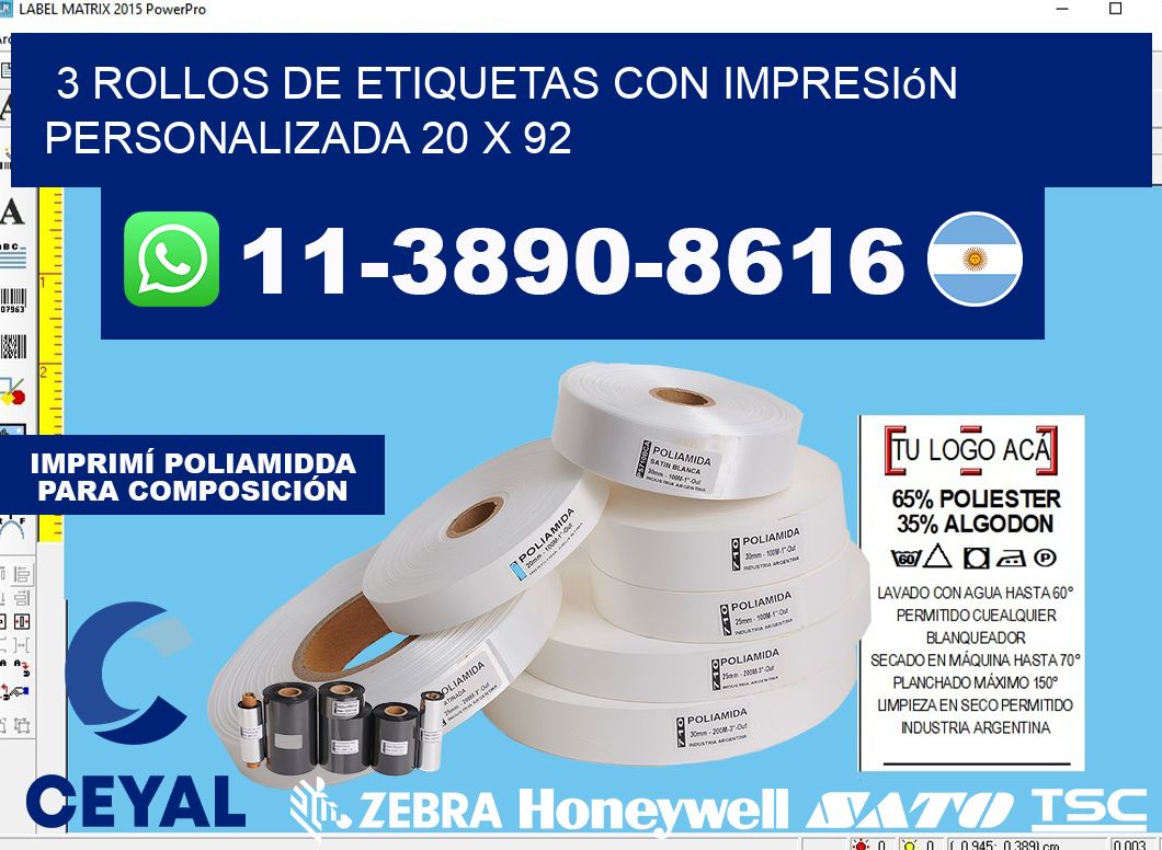 3 rollos de etiquetas con impresión personalizada 20 x 92