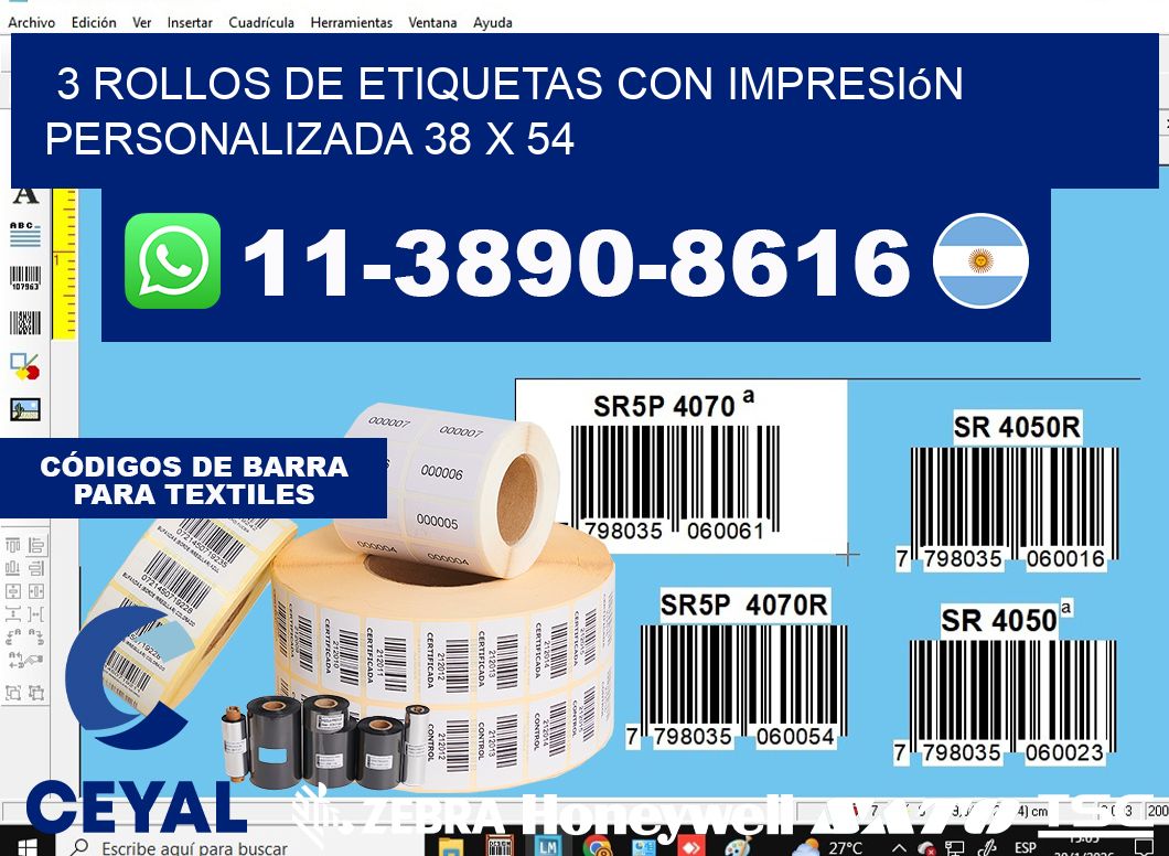 3 rollos de etiquetas con impresión personalizada 38 x 54
