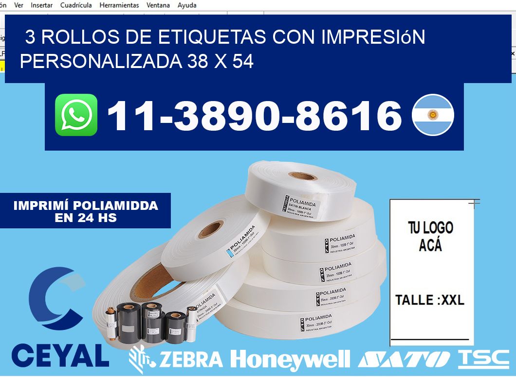 3 rollos de etiquetas con impresión personalizada 38 x 54