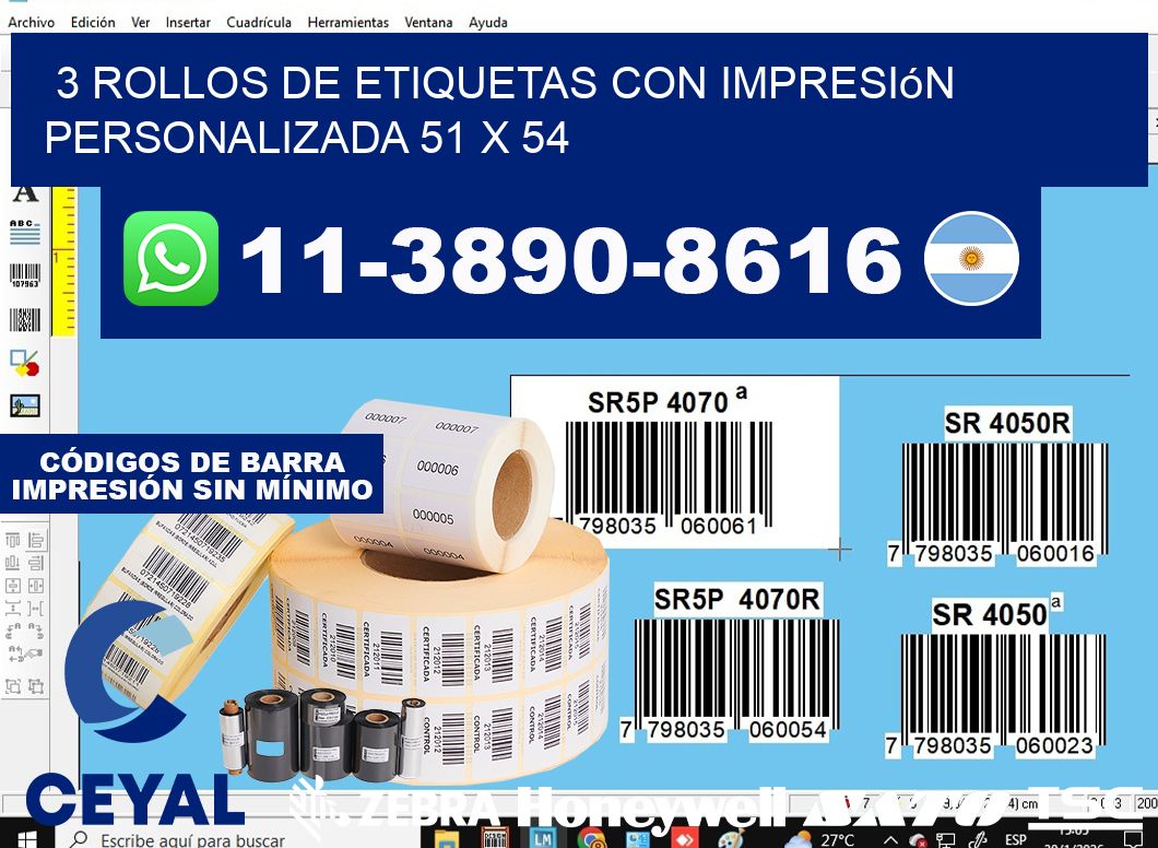 3 rollos de etiquetas con impresión personalizada 51 x 54