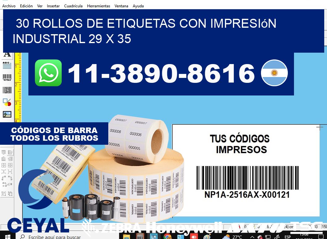 30 rollos de etiquetas con impresión industrial 29 x 35