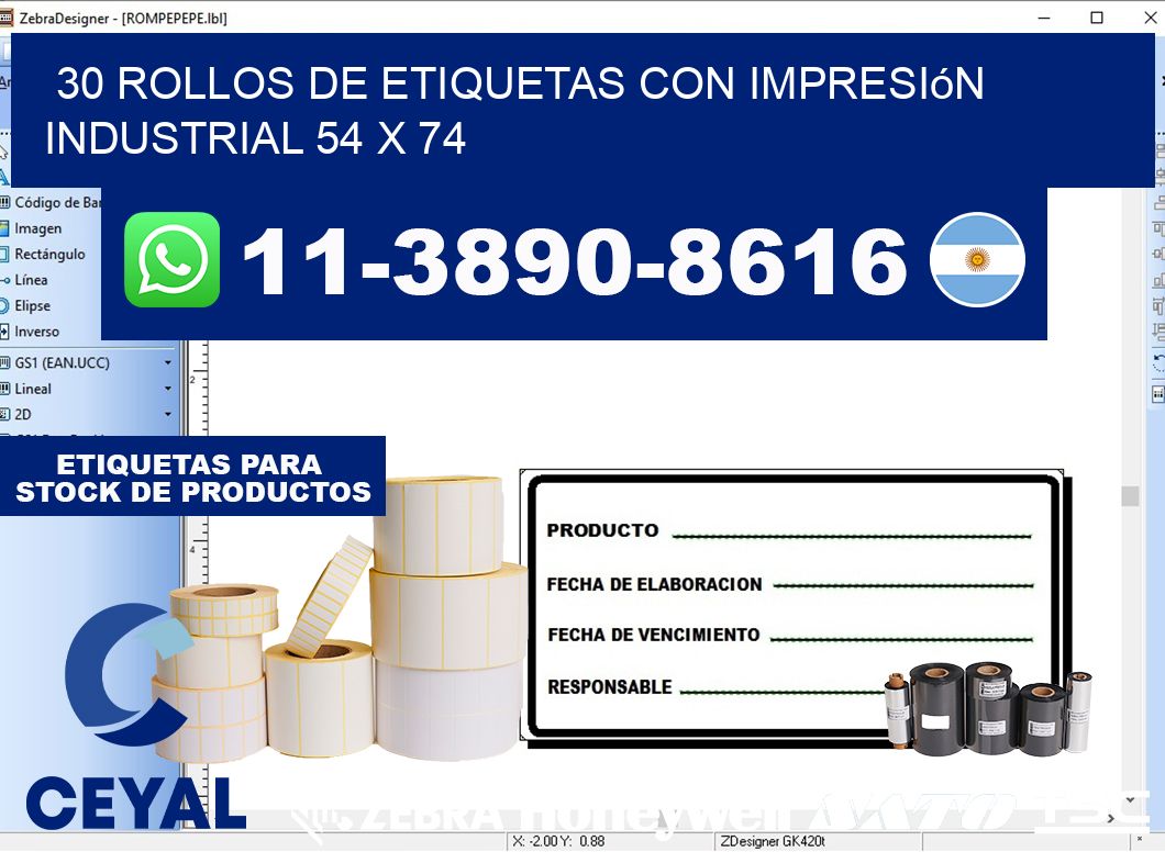 30 rollos de etiquetas con impresión industrial 54 x 74