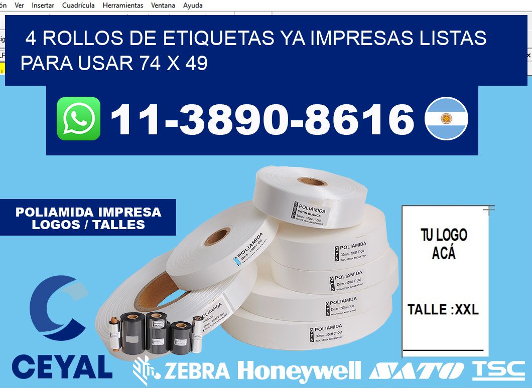 4 rollos de etiquetas ya impresas listas para usar 74 x 49