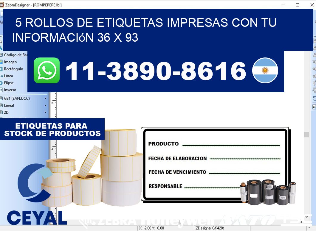 5 rollos de etiquetas impresas con tu información 36 x 93