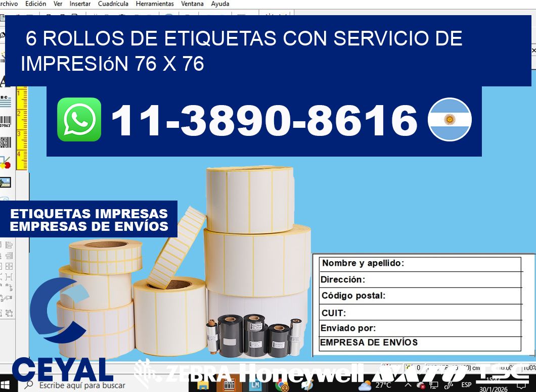 6 rollos de etiquetas con servicio de impresión 76 x 76