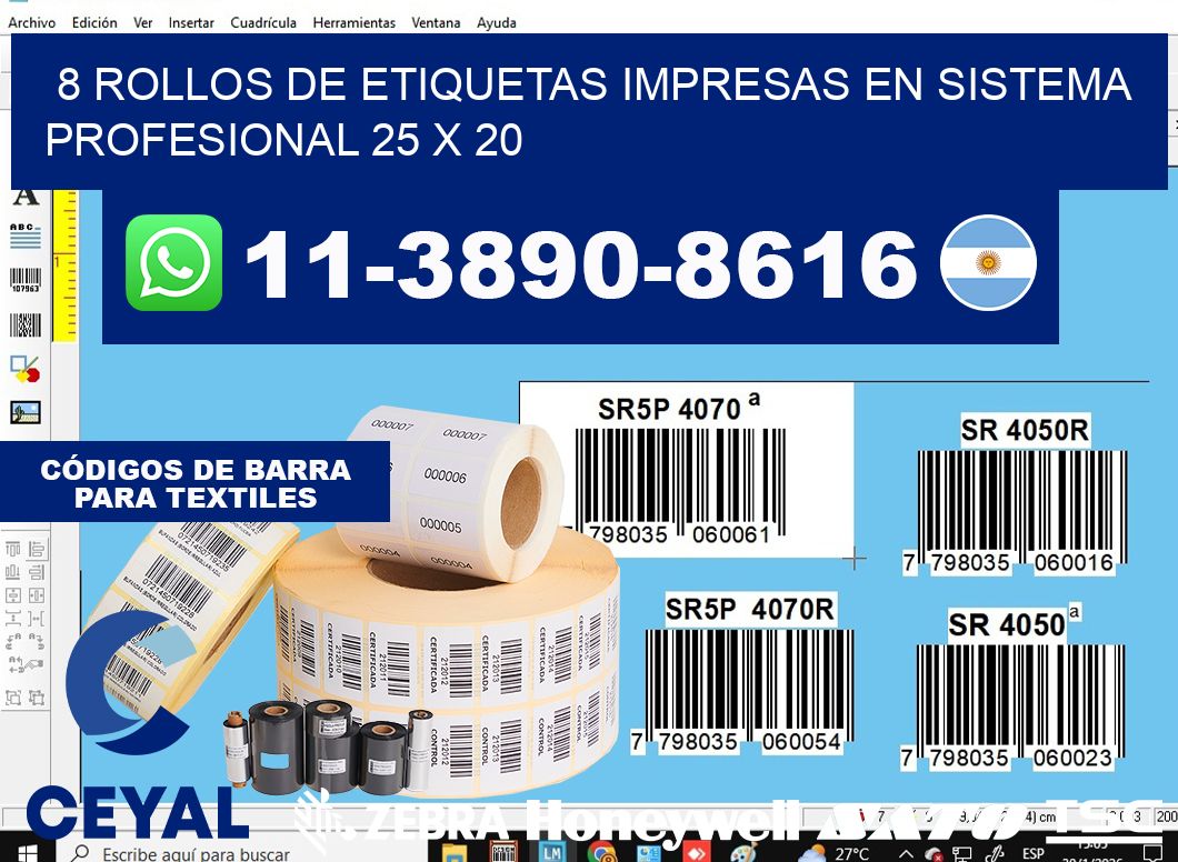 8 rollos de etiquetas impresas en sistema profesional 25 x 20