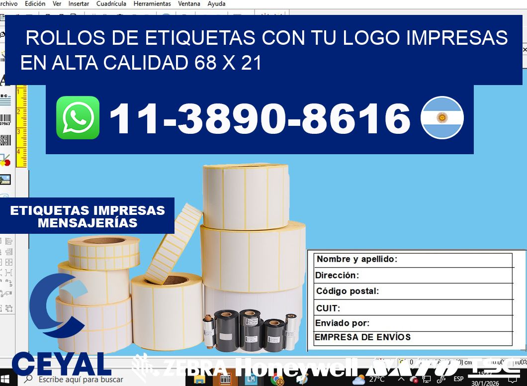 rollos de etiquetas con tu logo impresas en alta calidad 68 x 21