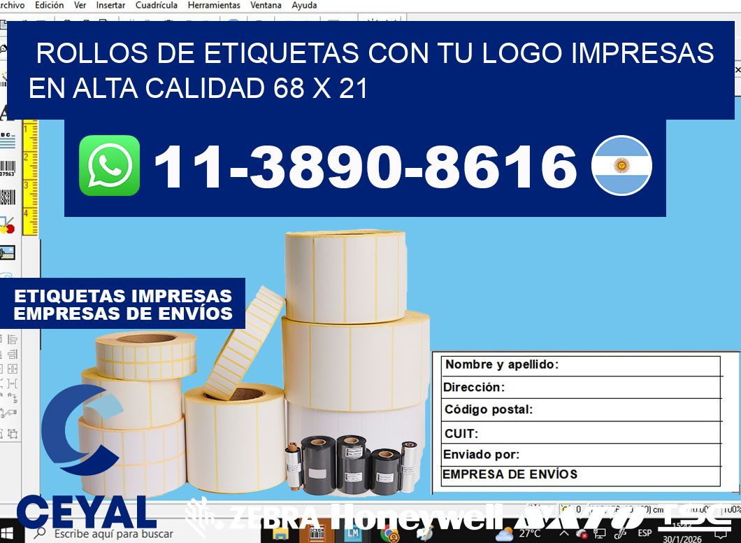 rollos de etiquetas con tu logo impresas en alta calidad 68 x 21