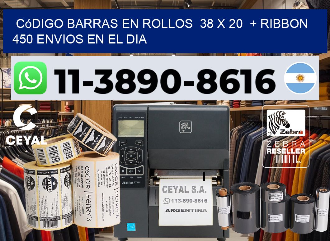 código barras en rollos  38 x 20  + ribbon  450 Envios en el dia