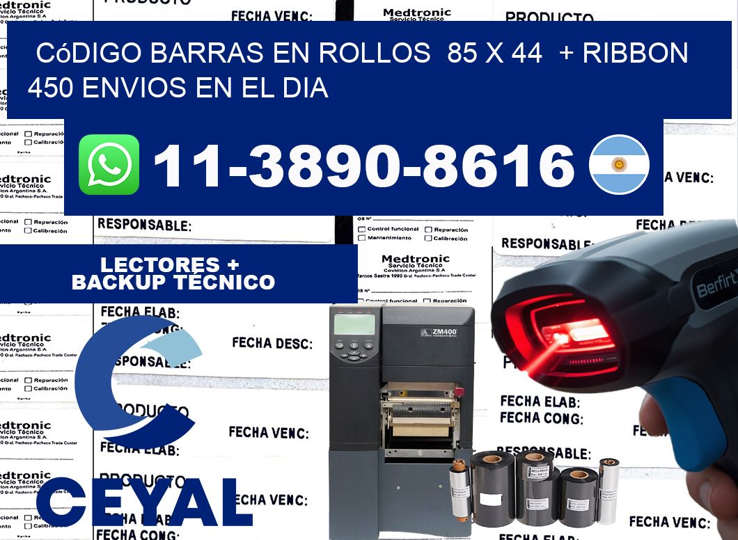 código barras en rollos  85 x 44  + ribbon  450 Envios en el dia